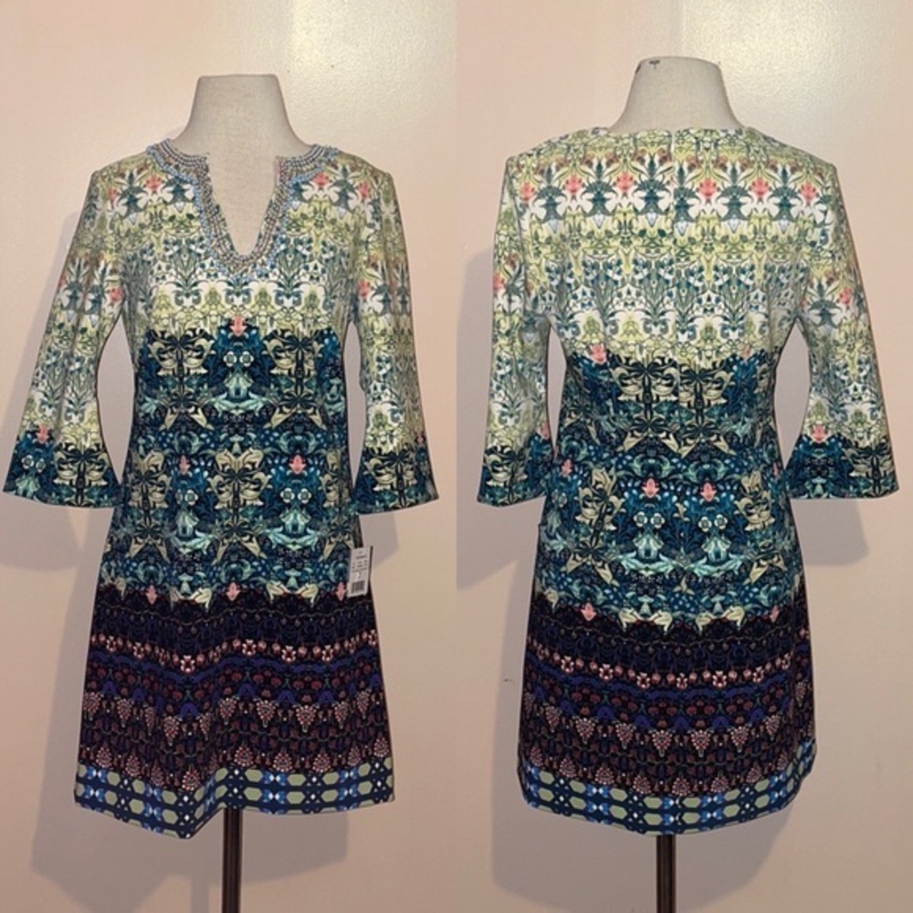 Taylor NWT Green Resort Floral Beaded V Neck Dress 6 Small Coastal Garden Party - Picture 2 of 15